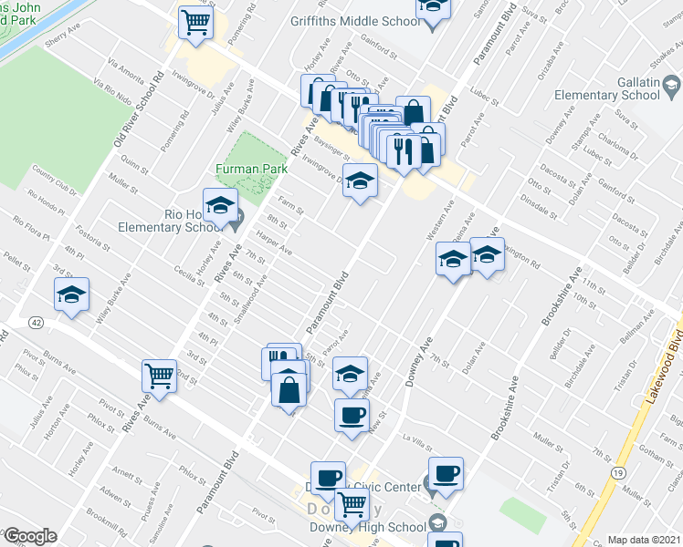 map of restaurants, bars, coffee shops, grocery stores, and more near 7969 Harper Avenue in Downey