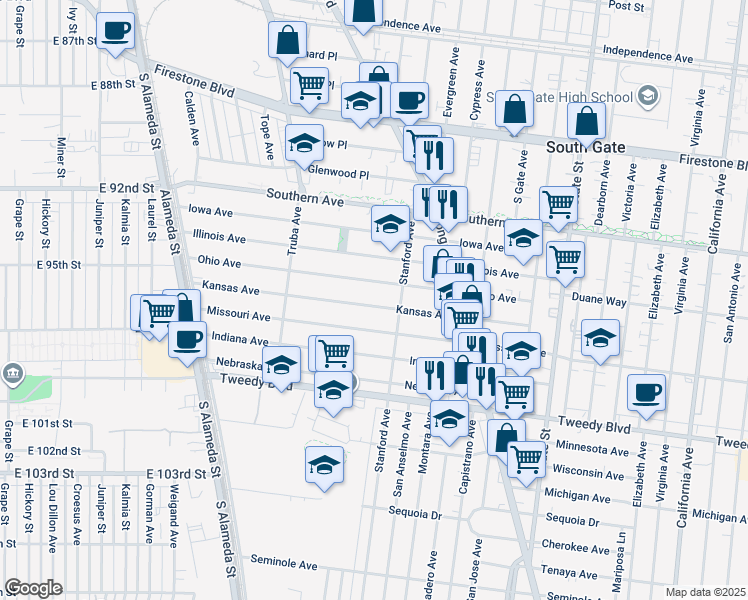 map of restaurants, bars, coffee shops, grocery stores, and more near 2815 Kansas Avenue in South Gate