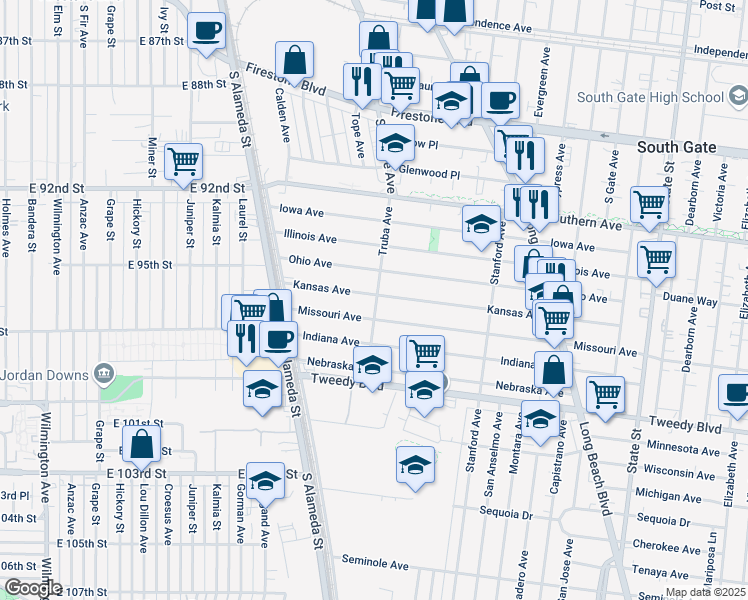 map of restaurants, bars, coffee shops, grocery stores, and more near 2566 Kansas Avenue in South Gate