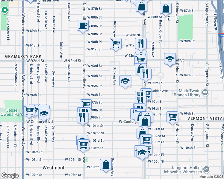 map of restaurants, bars, coffee shops, grocery stores, and more near 9501 Budlong Avenue in Los Angeles