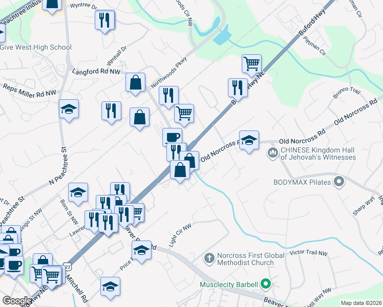 map of restaurants, bars, coffee shops, grocery stores, and more near 5266 Buford Highway in Norcross