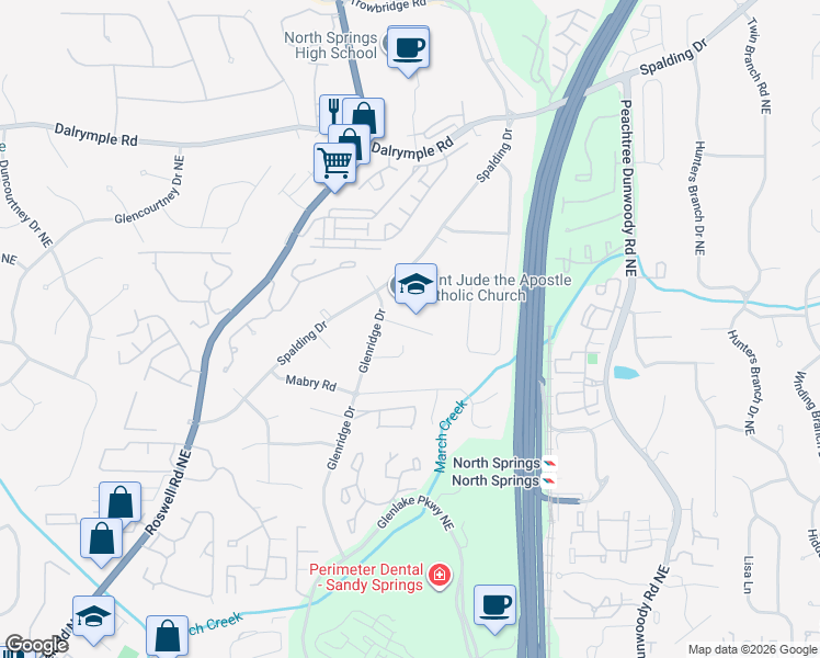 map of restaurants, bars, coffee shops, grocery stores, and more near 275 Brackenwood Circle Northeast in Atlanta