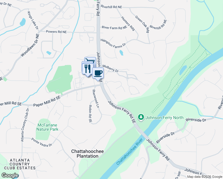 map of restaurants, bars, coffee shops, grocery stores, and more near 4020 Brockton Close in Marietta