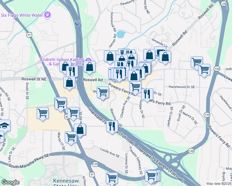 map of restaurants, bars, coffee shops, grocery stores, and more near 1380 Wylie Drive in Marietta