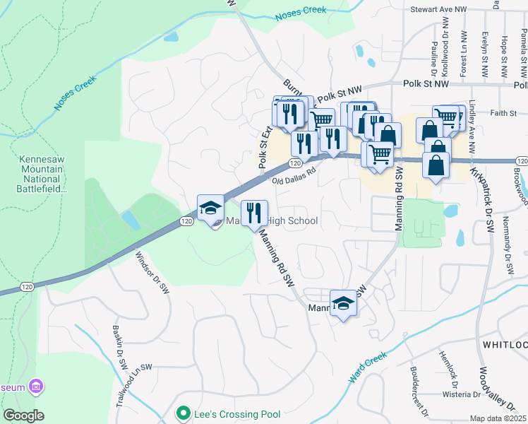 map of restaurants, bars, coffee shops, grocery stores, and more near 152 Brighton Court Southwest in Marietta