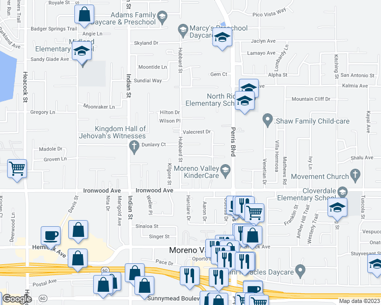map of restaurants, bars, coffee shops, grocery stores, and more near 24792 Enchanted Way in Moreno Valley