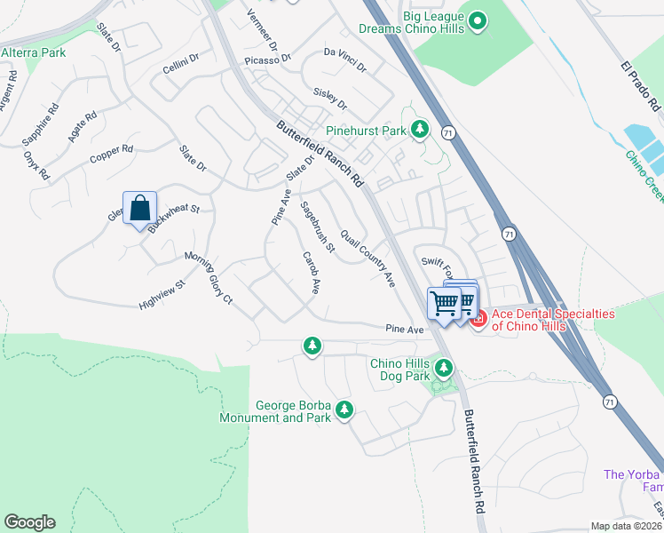 map of restaurants, bars, coffee shops, grocery stores, and more near 16734 Sagebrush Street in Chino Hills