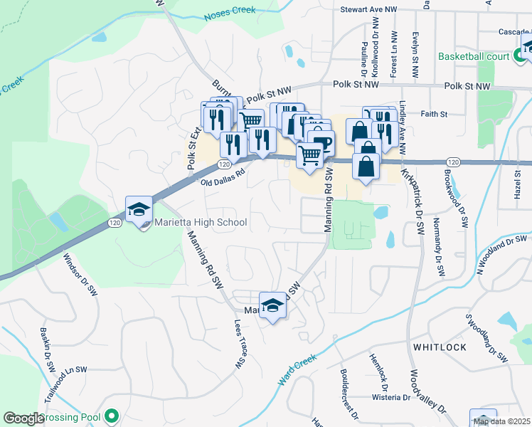 map of restaurants, bars, coffee shops, grocery stores, and more near 926 Westland Drive Southwest in Marietta