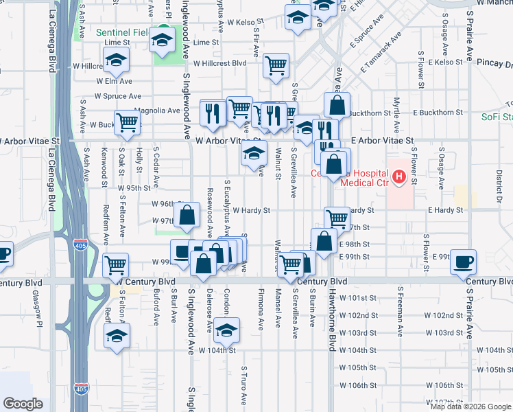 map of restaurants, bars, coffee shops, grocery stores, and more near 209 West Hardy Street in Inglewood