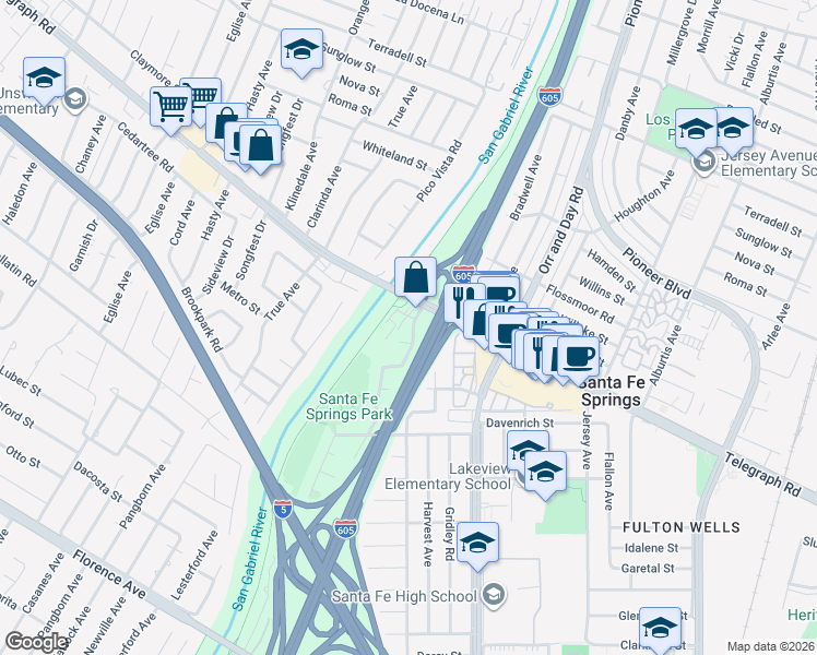 map of restaurants, bars, coffee shops, grocery stores, and more near 9927 Cedardale Drive in Santa Fe Springs