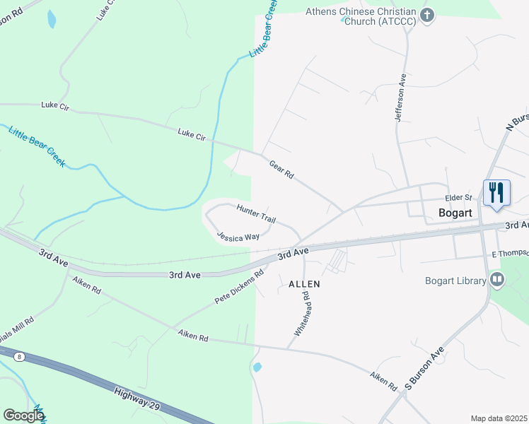 map of restaurants, bars, coffee shops, grocery stores, and more near 1080 Hunter Trail in Bogart