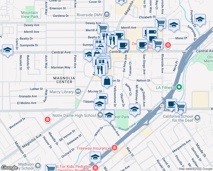 map of restaurants, bars, coffee shops, grocery stores, and more near 6850 Brockton Avenue in Riverside