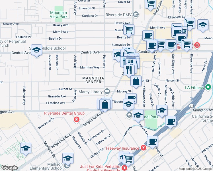 map of restaurants, bars, coffee shops, grocery stores, and more near 4371 Luther Street in Riverside