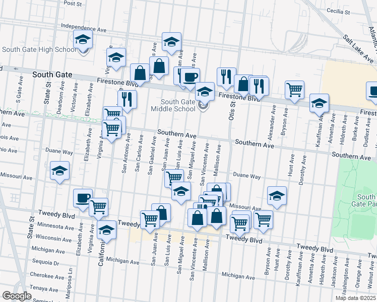 map of restaurants, bars, coffee shops, grocery stores, and more near 9307 San Miguel Avenue in South Gate