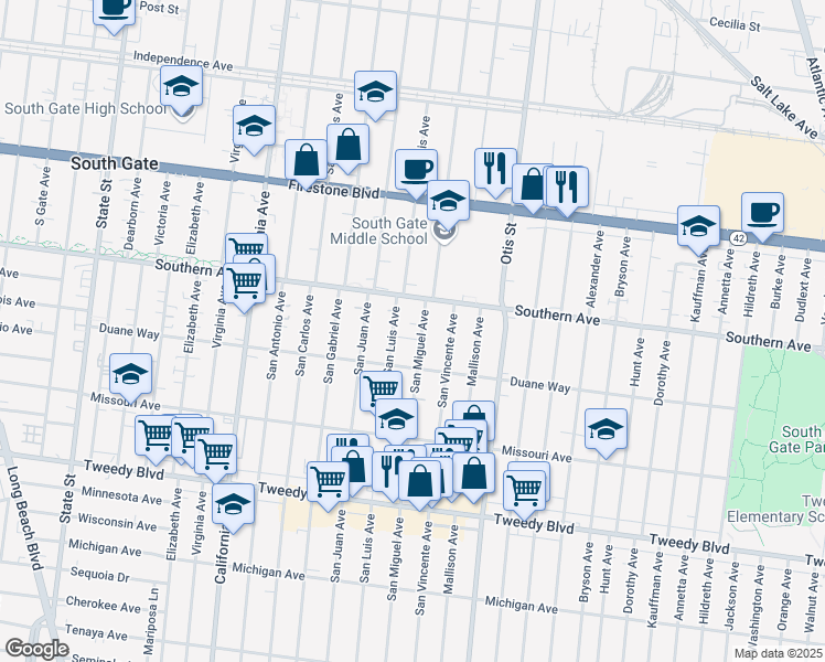 map of restaurants, bars, coffee shops, grocery stores, and more near 9307 San Miguel Avenue in South Gate