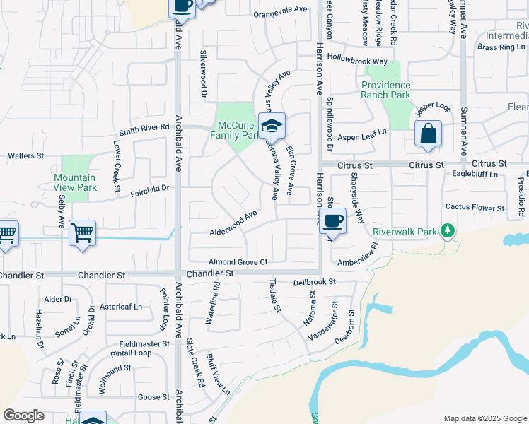 map of restaurants, bars, coffee shops, grocery stores, and more near 7650 Alderwood Avenue in Corona