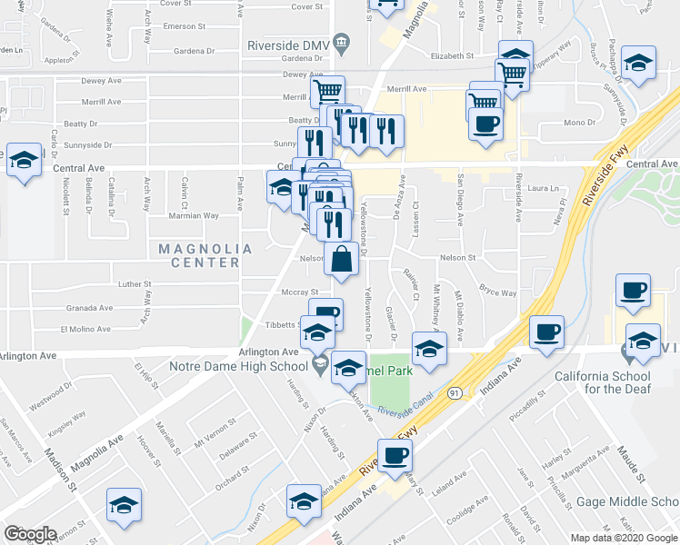 map of restaurants, bars, coffee shops, grocery stores, and more near 6850 Brockton Avenue in Riverside