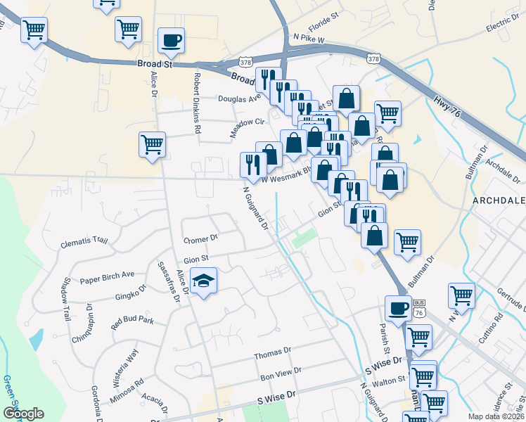 map of restaurants, bars, coffee shops, grocery stores, and more near 1165 North Guignard Drive in Sumter