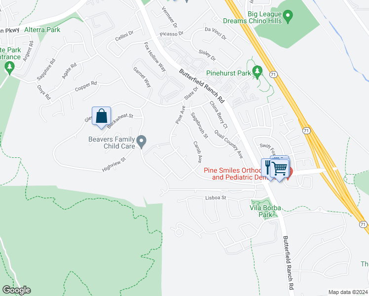 map of restaurants, bars, coffee shops, grocery stores, and more near 5383 Buttonwood Court in Chino Hills
