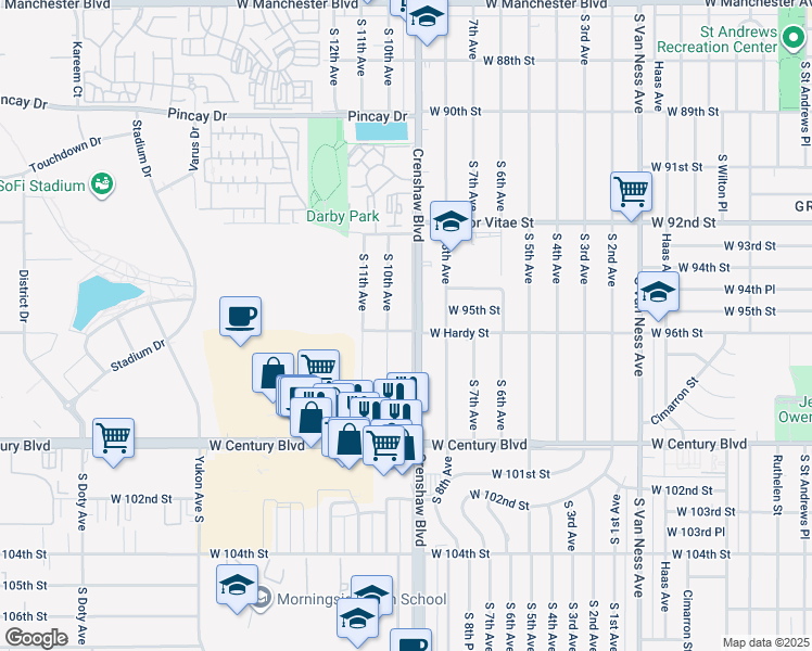 map of restaurants, bars, coffee shops, grocery stores, and more near 9541 Crenshaw Boulevard in Inglewood