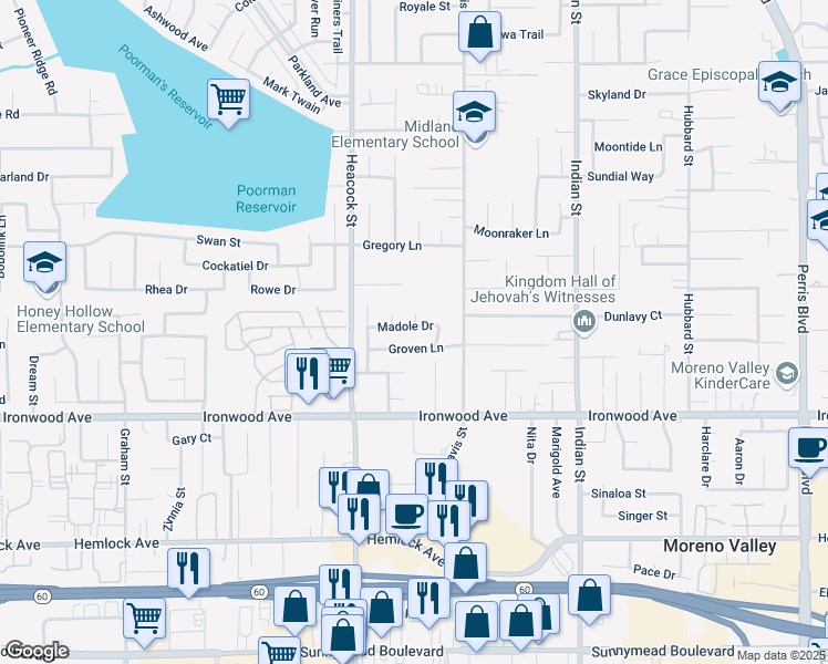 map of restaurants, bars, coffee shops, grocery stores, and more near 24111 Madole Drive in Moreno Valley