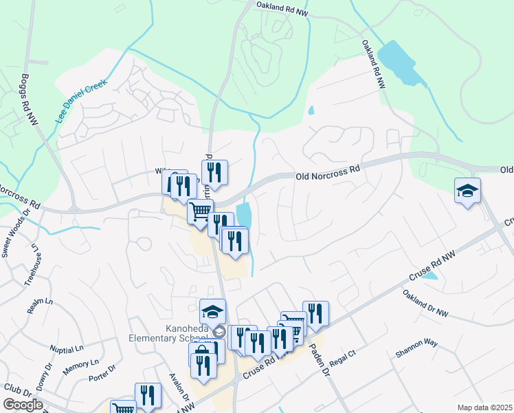 map of restaurants, bars, coffee shops, grocery stores, and more near 1030 Melrose Park Place Northwest in Lawrenceville
