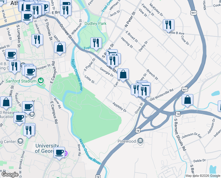 map of restaurants, bars, coffee shops, grocery stores, and more near 1120 Oconee Street in Athens