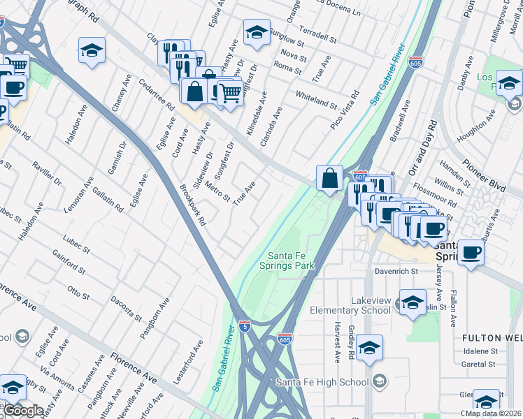 map of restaurants, bars, coffee shops, grocery stores, and more near 9281 Pico Vista Road in Downey