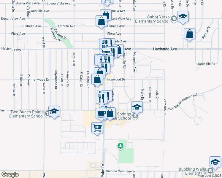 map of restaurants, bars, coffee shops, grocery stores, and more near 13655 Sarita Drive in Desert Hot Springs