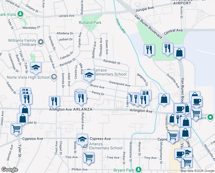 map of restaurants, bars, coffee shops, grocery stores, and more near 8623 Bruce Avenue in Riverside