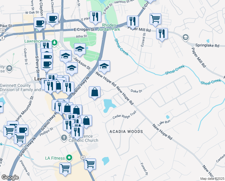 map of restaurants, bars, coffee shops, grocery stores, and more near 239 New Hope Road in Lawrenceville