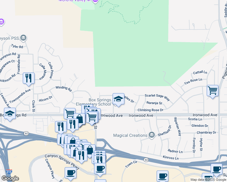 map of restaurants, bars, coffee shops, grocery stores, and more near 22146 Naples Drive in Moreno Valley