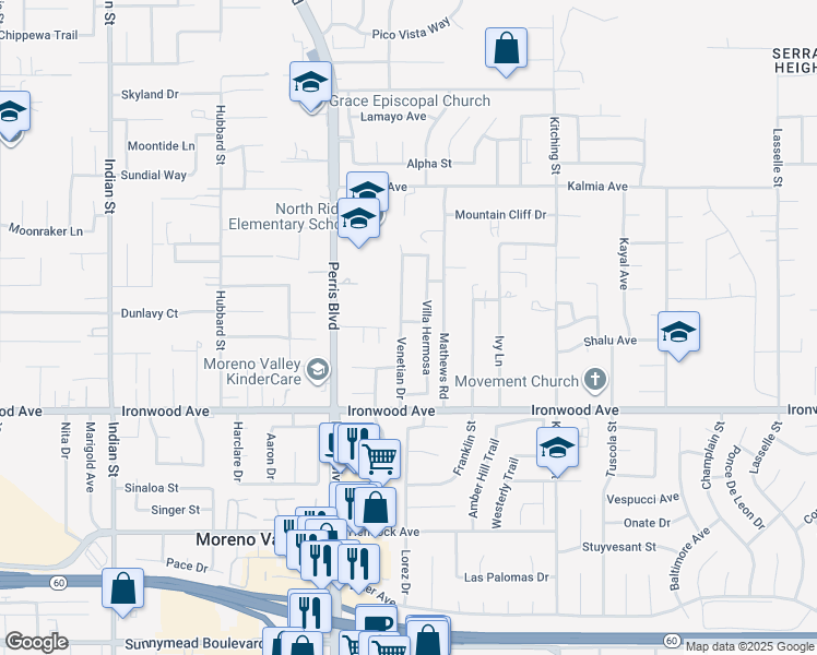 map of restaurants, bars, coffee shops, grocery stores, and more near 11908 Venetian Drive in Moreno Valley