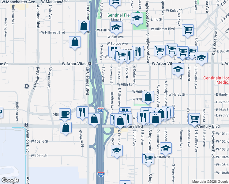 map of restaurants, bars, coffee shops, grocery stores, and more near 9522 Redfern Avenue in Inglewood