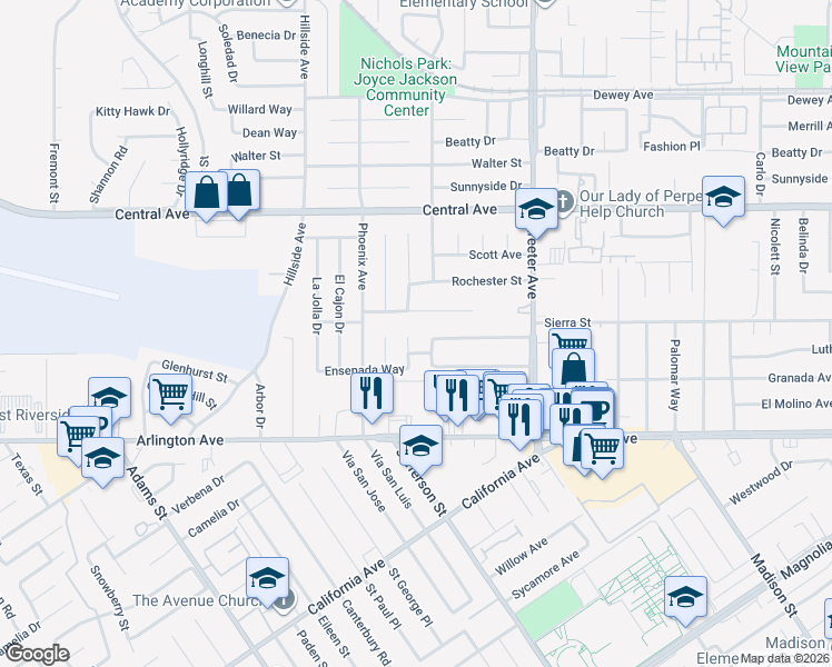 map of restaurants, bars, coffee shops, grocery stores, and more near 6828 Holbrook Way in Riverside