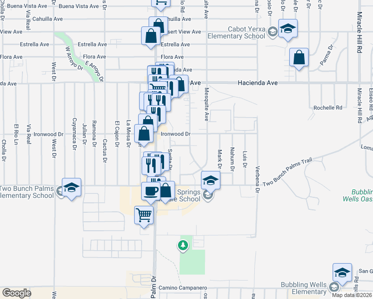 map of restaurants, bars, coffee shops, grocery stores, and more near 66621 Joseph Way in Desert Hot Springs