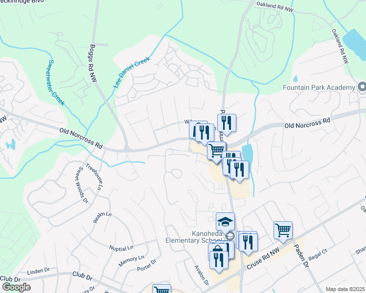 map of restaurants, bars, coffee shops, grocery stores, and more near 2630 Old Norcross Road in Lawrenceville