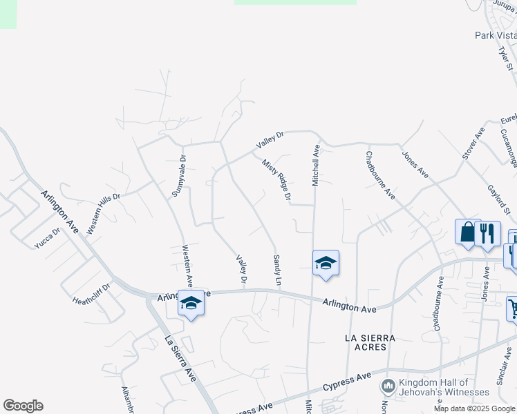 map of restaurants, bars, coffee shops, grocery stores, and more near 6655 Sandy Lane in Riverside