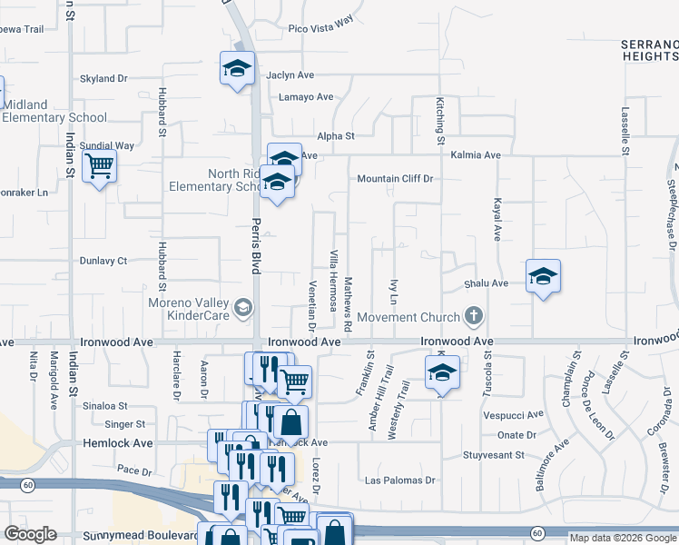 map of restaurants, bars, coffee shops, grocery stores, and more near 11882 Villa Hermosa in Moreno Valley