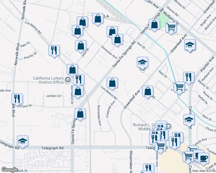 map of restaurants, bars, coffee shops, grocery stores, and more near 12637 Los Nietos Road in Santa Fe Springs