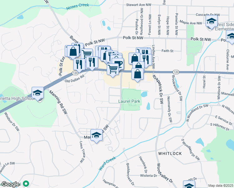 map of restaurants, bars, coffee shops, grocery stores, and more near 762 Rogers Way Southwest in Marietta
