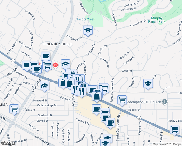 map of restaurants, bars, coffee shops, grocery stores, and more near 9679 La Alba Drive in Whittier