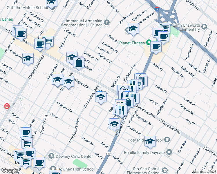 map of restaurants, bars, coffee shops, grocery stores, and more near 8545 Florence Ave in Downey