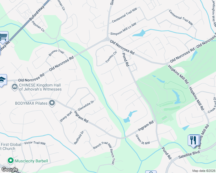 map of restaurants, bars, coffee shops, grocery stores, and more near 2375 Muirfield Way in Duluth