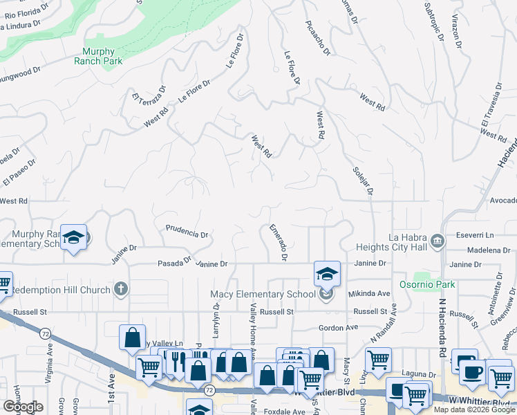 map of restaurants, bars, coffee shops, grocery stores, and more near 16601 Monte Oro Drive in Whittier