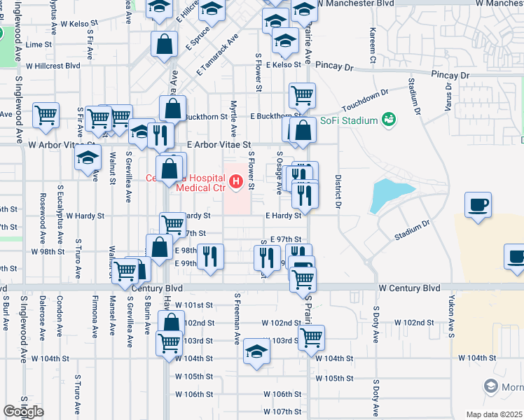 map of restaurants, bars, coffee shops, grocery stores, and more near 1038 South Flower Street in Inglewood