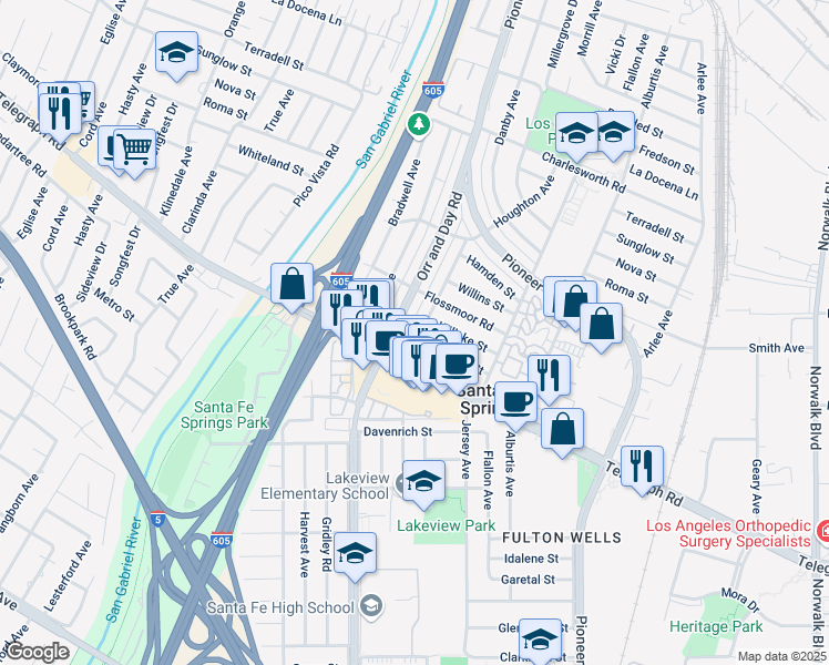 map of restaurants, bars, coffee shops, grocery stores, and more near 9852 Orr and Day Road in Santa Fe Springs
