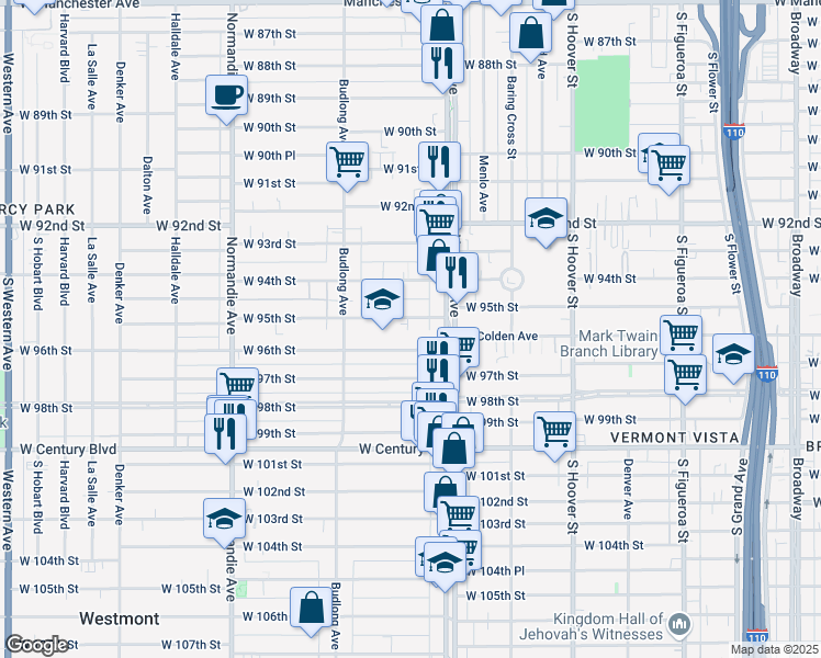 map of restaurants, bars, coffee shops, grocery stores, and more near 1028 West 95th Street in Los Angeles