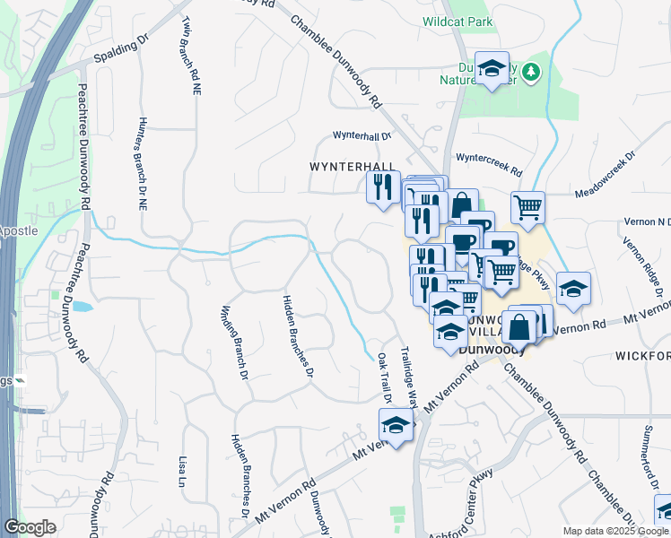 map of restaurants, bars, coffee shops, grocery stores, and more near 4986 Hidden Branches Circle in Dunwoody