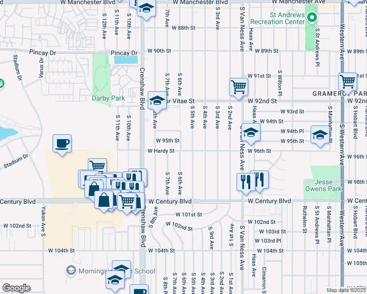 map of restaurants, bars, coffee shops, grocery stores, and more near 9526 South 6th Avenue in Inglewood